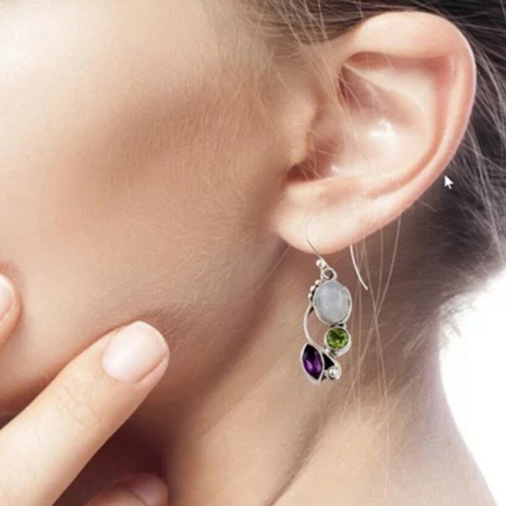 Moonstone Peridot Amethyst Chakra Drop Earrings - Picture 3 of 3